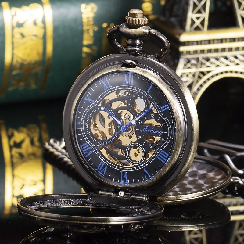 ManChDa Mens Antique Skeleton Mechanical Pocket Watch Dragon Hollow Hunter with Chain and Box - Image 4